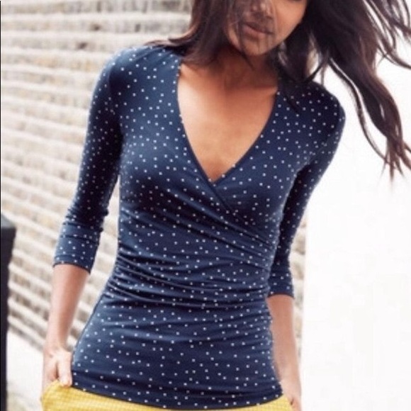 Boden Tops - BODEN NAVY BLUE POLKA DOT FAUX WRAP BLOUSE